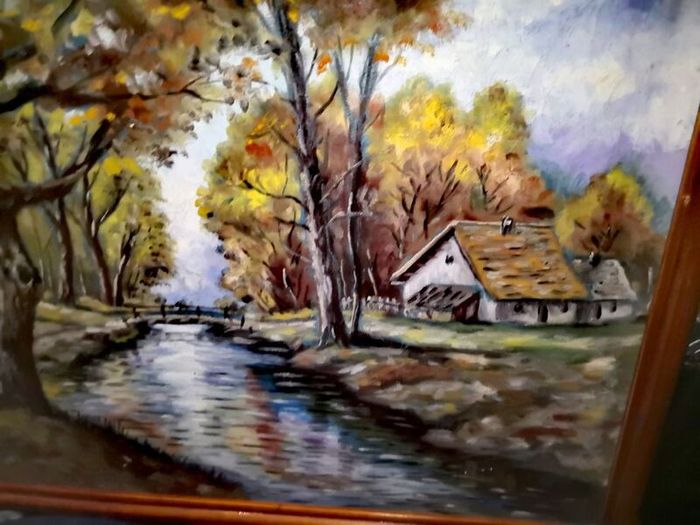 Large old oil painting with cottage