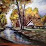Large old oil painting with cottage Image 3
