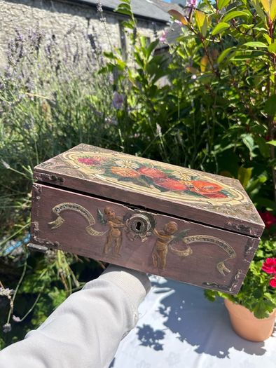 Hand painted wooden box with roses and cherubs