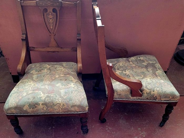 Victorian pair of upholstered mahogany marquetry chairs