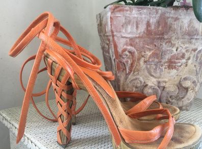 Allan K handmade orange wooden,leather and suede shoes