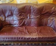 Free to collect: solid wood burgundy leather couches - 2 and 3 seater