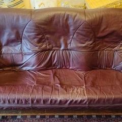 Free to collect: solid wood burgundy leather couches - 2 and 3 seater