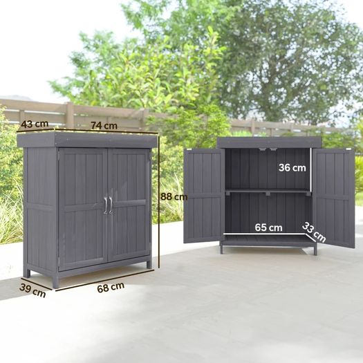 Outdoor Garden Storage Shed Tool Wooden Box Double Doors w/ Shelf Hinged Roof