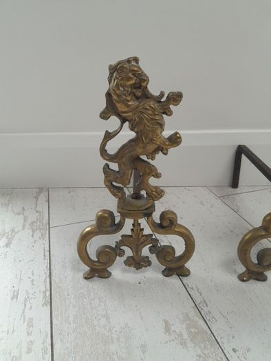 19th Century Cast Brass Rampant Lions Andirons
