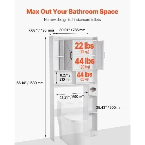 Over The Toilet Storage Cabinet, 168 cm Height Bathroom Storage Organizer with Double Door and Adjustable Shelf, Bathroom Space Saver
