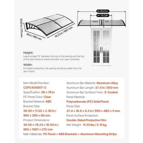 Awnings for Door Entrance, 38 x 78 in, Exterior Front Door Window Awnings with Drainage & ABS Bracket, Rain Snow Sun Protection
