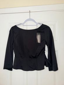 New Boohoo Black Long Sleeve Peplum Top with Open Cross Strap Back - size UK 10