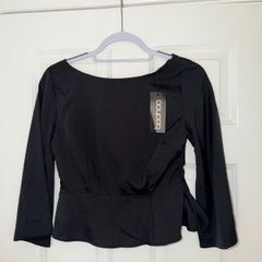 New Boohoo Black Long Sleeve Peplum Top with Open Cross Strap Back - size UK 10