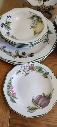 Set 20 pcs  by Churchill England, featuring a charming fruit and blossom design with a classic green rim. Beautifully made English pottery with lovely detail and quality.