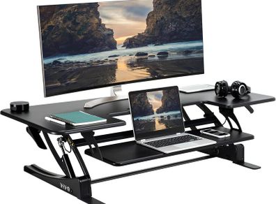 VIVO 122cm Height Adjustable Large Stand Up Desk Converter, V Series, Quick Sit to Stand Tabletop Dual Monitor Riser Workstation, Black, DESK-V048V