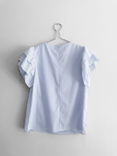 Pre Owned Blue & White Striped Embroidered V-Neck Top with Ruffle Sleeves