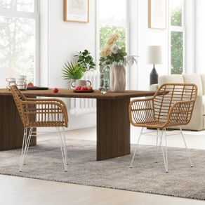 Set of 2 bohemian design dining chairs with resin wicker seat and white steel base