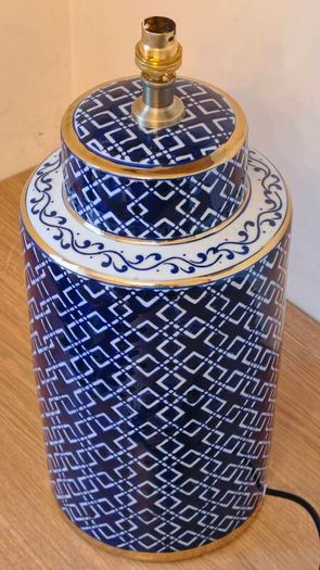 Large Ceramic Forino Blue Glazed Patterned Table Lamp with Shade