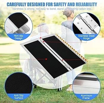 Wheelchair Ramp,91.5cm Folding Portable Aluminum Ramp, 362kg Capacity,with Transition Plate and Reflective Warning Stickers, for Wheelchair Scooters Power Chairs Walkers Metallic