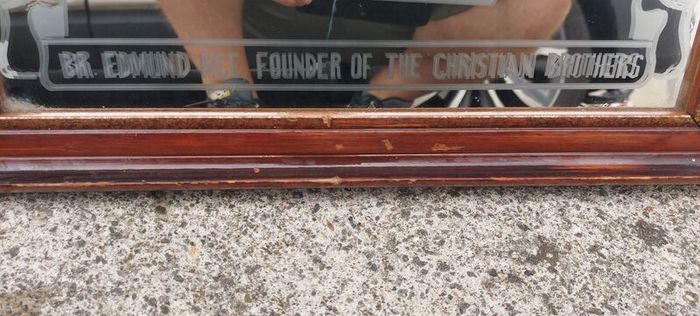 Dr Edmund Rice founder of the Christian brothers etched mirror,came from a old school,hard to come by ,heavy,lovely display,a piece of irish history,,hard to come by, buyer collects,sold as seen ,sorry pics not more clearer,I gave wood a light polish.