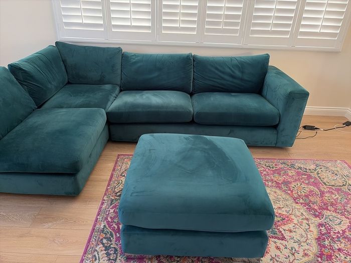 Teal Blue L shaped couch and footstool