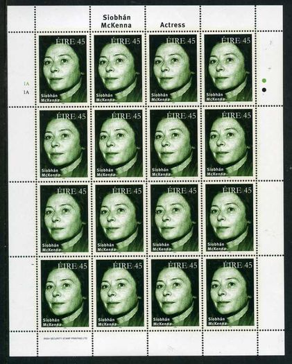 1999 Ireland Irish Actors and Actresses (Michael Mac Liamnoir, Siobhan McKenna & Noel Purcell) Commemorative Stamps Sheetlet Plate 1A1A Mint Never Hinged (MNH)