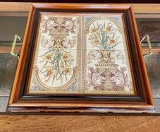 Victorian Style Tile and Wood Tray with Floral Design Afternoon Tea Wine Bar