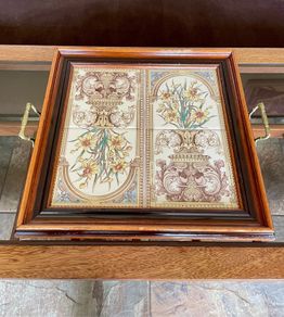 Victorian Style Tile and Wood Tray with Floral Design Afternoon Tea Wine Bar