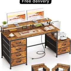 128cm Desk with Fabric File Cabinet, Computer Desk with Shelves and Drawers