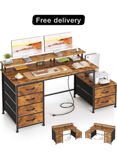 128cm Desk with Fabric File Cabinet, Computer Desk with Shelves and Drawers