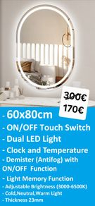 LED Bathroom Mirror Antifog Demister Clock 60x80cm