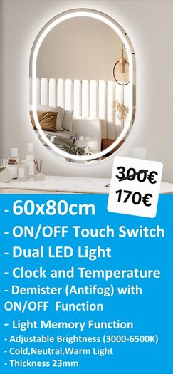 LED Bathroom Mirrors Selection Clock Speakers Bluetooth Demister Antifog Wi-Fi Weather Station Makeup
