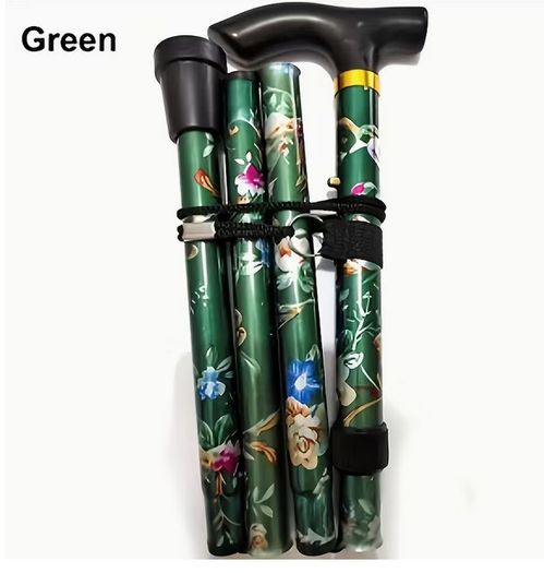 Folding Walking Stick, Green Floral.