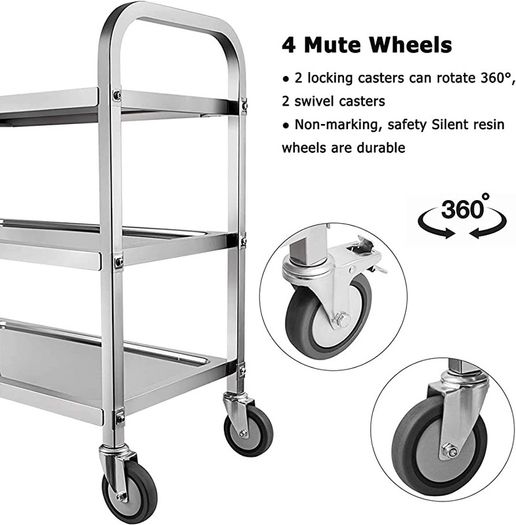 3 Tier Stainless Steel Catering Trolley Wheels Utility Cart Kitchen Cart Serving Trolley with Locking Wheels for Kitchen Hotels - 750x400x835MM (FREE POSTAGE)