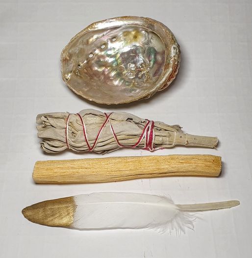 Smudging starter kit white sage stick, palo santo, abalone shell and feather to cleanse negative energy