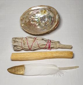 Smudging starter kit white sage stick, palo santo, abalone shell and feather to cleanse negative energy