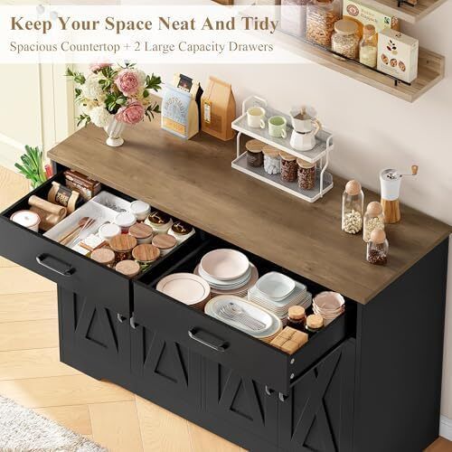 Sideboard, 120 cm Wide Kitchen Cabinet with Worktops, Kitchen Buffet Storage Cabinet with 2 Drawers and 4 Doors, Living Room, Kitchen, Hallway, Black & Brown