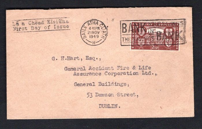 1949 Ireland Republic of Ireland (International Recognition of the Republic) Commemorative Stamps Neatly typed addressed pair on plain First Day Cover (FDC) with Baile Atha Cliath (Dublin) cancel and Bank in the savings Bank slogan cancel