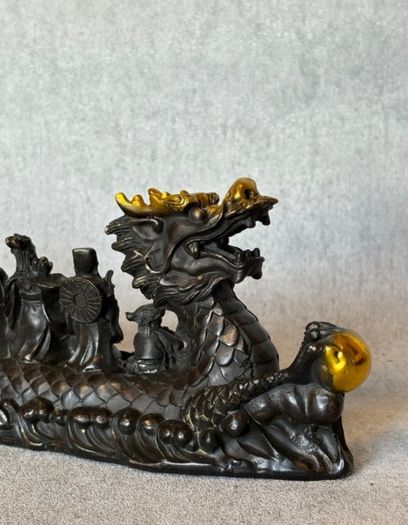 Antique Eight Immortals Dragon Boat - Patinated Bronze, Gold Accents, Signed