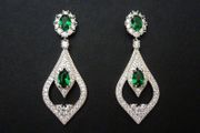 Wedding Bridal Vintage Art Deco Emerald Crystal Drop Silver Earrings