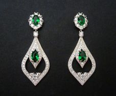 Wedding Bridal Vintage Art Deco Emerald Crystal Drop Silver Earrings
