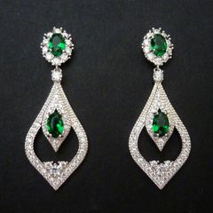 Wedding Bridal Vintage Art Deco Emerald Crystal Drop Silver Earrings