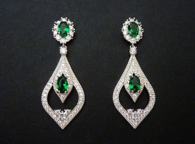 Wedding Bridal Vintage Art Deco Emerald Crystal Drop Silver Earrings