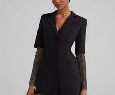 Bershka Black Diamante Net Sleeve Tailored Blazer Dress