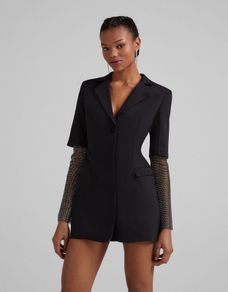 Bershka Black Diamante Net Sleeve Tailored Blazer Dress