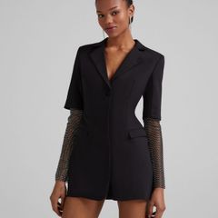 Bershka Black Diamante Net Sleeve Tailored Blazer Dress