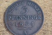 Kingdom of Prussia, Germany, 3 Pfenninge 1864 A, great condition - free standard postage