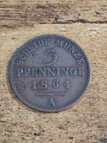 Kingdom of Prussia, Germany, 3 Pfenninge 1864 A, great condition - free standard postage