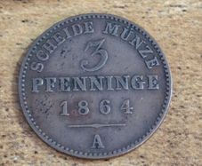 Kingdom of Prussia, Germany, 3 Pfenninge 1864 A, great condition - free standard postage