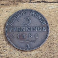 Kingdom of Prussia, Germany, 3 Pfenninge 1864 A, great condition - free standard postage