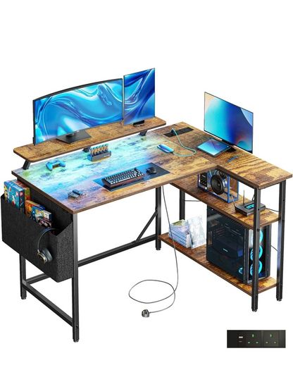 L Shaped Gaming Desk with LED Lights & Power Outlets, 120x80cm