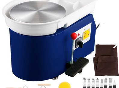 350W 28cm Electric Pottery Wheel Machine Foot Pedal Manual w/ Tools Blue