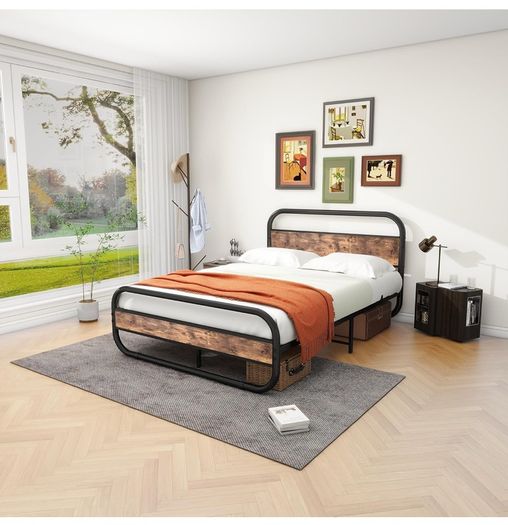 King Size Bed Metal Platform Bed Frame with Wood Headboard
