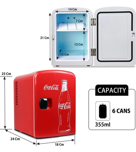 Coca Cola (Classic) 4 Liter/6 Can Portable Fridge/Mini Cooler for Food, Beverages, Skincare -Use at Home, Office, Dorm, Car, Boat-AC & DC Plugs Included (FREE POSTAGE)